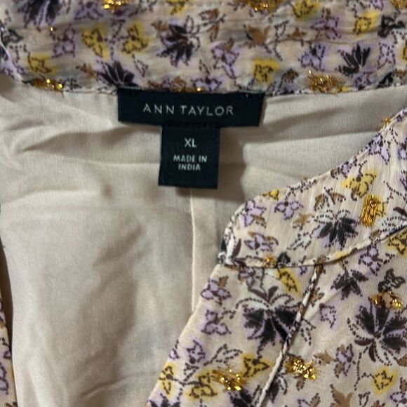 Ann Taylor XL Beige Plum Gold Lurex Paisley Floral Border Balloon Sleeve Dress - Picture 16 of 16